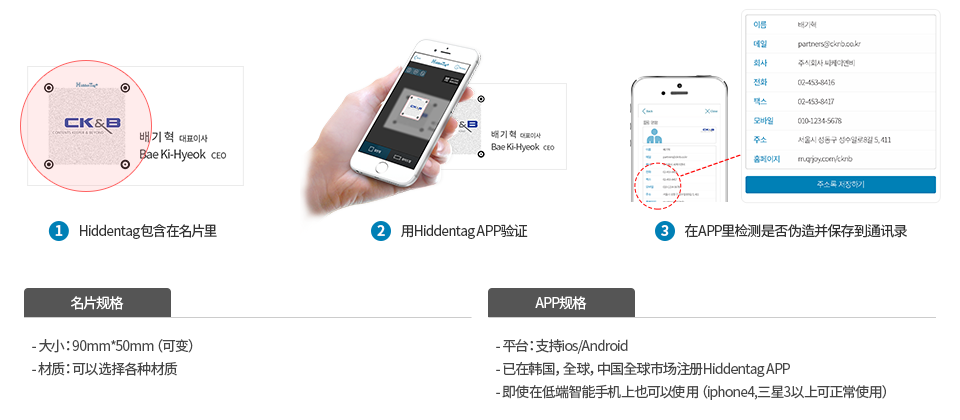 명함에 히든태그 포함 - 히든태그 앱으로 검증 - 명함 위변조 여부 확인 및 주소록 저장 / 명함 사이즈 규격 : 90mm*50mm(변경가능)