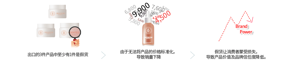 出口的3件产品中至少有1件是假货 / 由于无法将产品的价格标准化，导致销量下降 / 假货让消费者蒙受损失，导致产品价值及品牌信任度降低