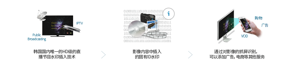 韩国国内唯一的HD级的直播节目水印插入技术 > 影像内容中插入的固有ID水印 > 通过对影像的抓屏识别，可以添加广告，电商等其他服务